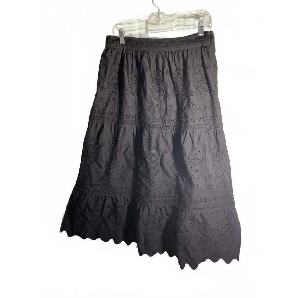 Jason Wu Women's Black Midi Skirt with Embroidered Eyelet Detail Large